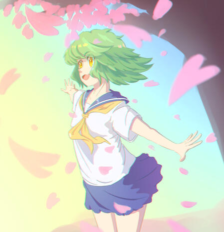 A green haired girl under a sakura tree